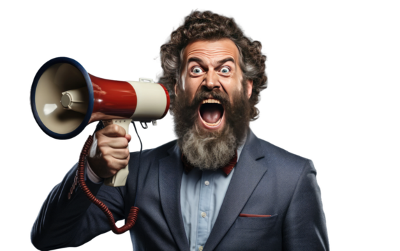 Businessman Shout Loudly In A Mega phone Realistic Close Up on White or PNG Transparent Background.