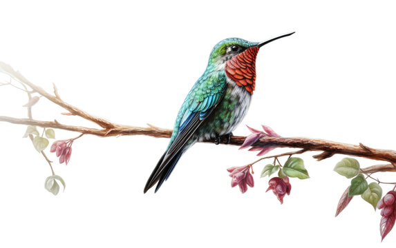 Hummingbird Sitting On Branch Of Tree Realistic Close Up on White or PNG Transparent Background.