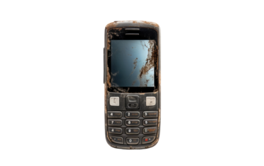 Old Broken Cell Phone In Realistic Close Up on White or PNG Transparent Background.