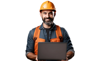 Young Construction Professional Civil Engineer Using Laptop During WorK on White or PNG Transparent Background.