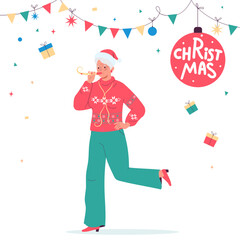 Happy elderly woman at the Christmas party. Granny in a Christmas sweater at a fun party.