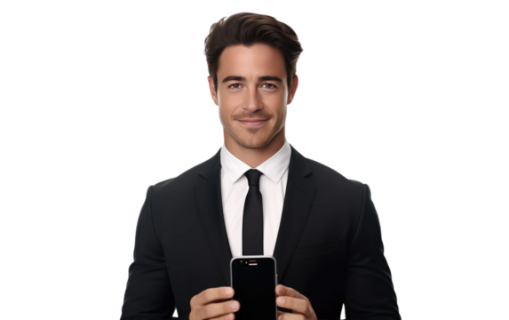Young Businessman Examining Data On Phone on White or PNG Transparent Background.