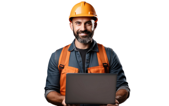 Young Construction Professional Civil Engineer Using Laptop During WorK on White or PNG Transparent Background.