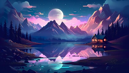 Moonlight mountain scene, house beside a lake.