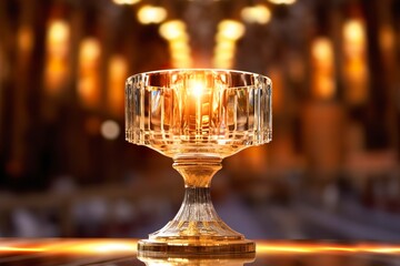 The golden monstrance with a little transparent crystal center, consecrated host. church defocused background.
