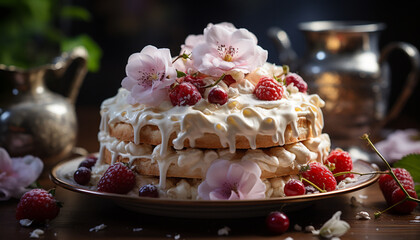 Freshness and sweetness on a rustic table, homemade berry indulgence generated by AI