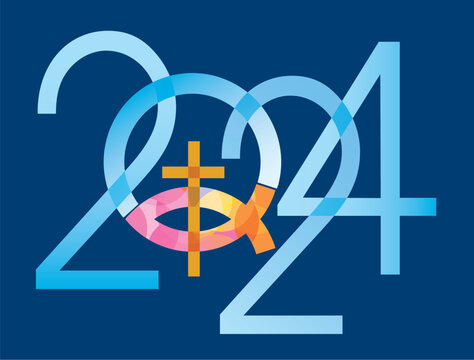 


Jesus fish symbol, new year. 
2024 new year with fish symbol with cross on blue background. Vector available.	