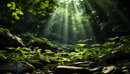 Tranquil scene  green forest, tree, leaf, sunlight, water, mountain, wilderness generated by AI