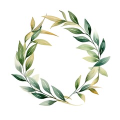 Watercolor geometry shape wreath with green leaf.