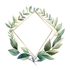 Watercolor geometry shape wreath with green leaf.