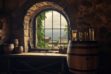 Barrel in an ancient castle beside the window.