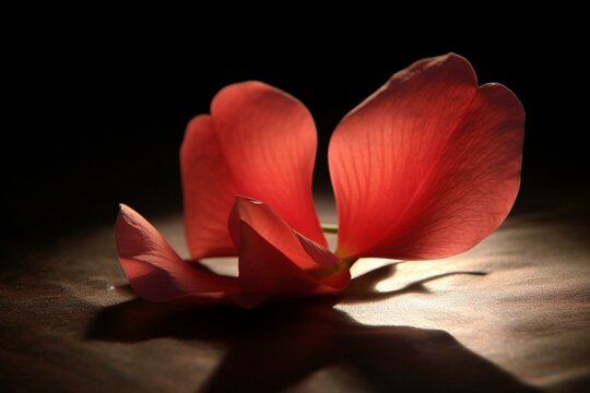 Close-up flower petals on a table with backlighting; a single petal on the dark ground. Generative AI