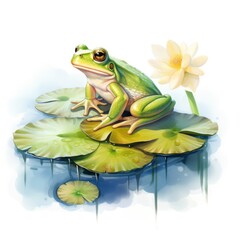 Frog Floating on a Lily Pad Raft, watercolor for T-shirt Design.