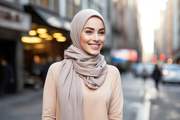 smiling ethnic woman in hijab - obrazy, fototapety, plakaty