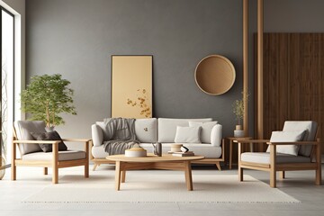 Interior of light living room with grey sofas, wooden armchair, and coffee table.