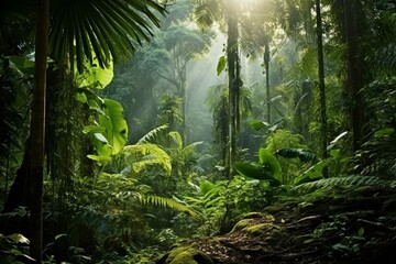 Tropical rainforest with dense foliage and towering trees. Generative AI - obrazy, fototapety, plakaty