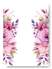 Wedding card template with floral feather purple roses concept watercolor style.
