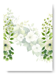 Hand painting of white jasmine green leaves arrangement on wedding invitation background. Rustic wedding card.