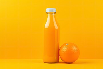 Orange Juice bottle on orange background.