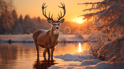 Deer in winter nature with sunset at the lake.