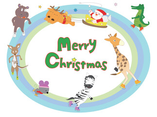 アイススケートをしている動物たちとクリスマスをお祝いしているサンタクロース。