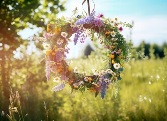 Rustic wildflowers wreath on a sunny meadow. Summer Solstice Day, Midsummer concept. - obrazy, fototapety, plakaty