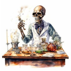 A student in a science classroom with lab equipment, watercolor.