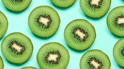 Slices of kiwi fruit and green mint leaves on a light pastel blue background.
