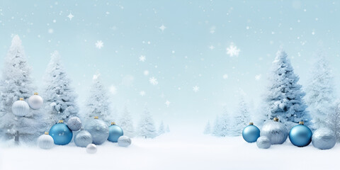 Xmas background banner greeting card christmas balls blue background with snowflakes and trees in the background