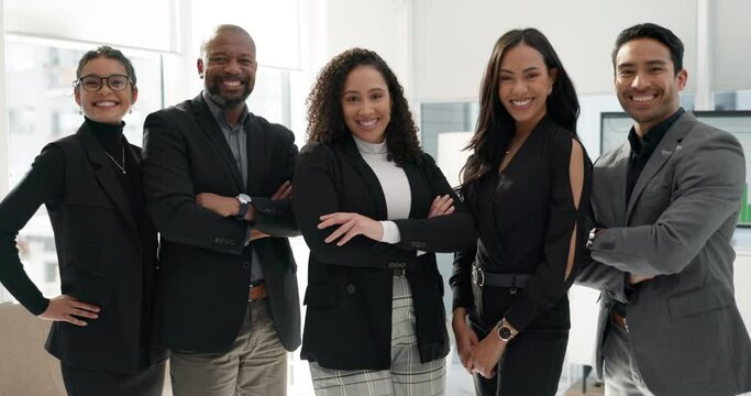 Business people, group and arms crossed in office, face and smile at law firm, justice and diversity. Corporate attorney, advocate and teamwork for men, women and happy together for legal knowledge