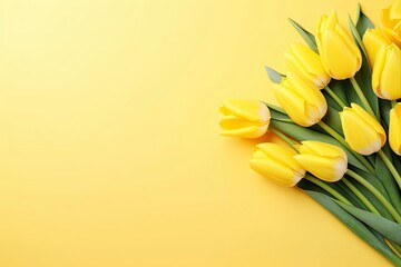 Top view design of holiday greeting tulip flower bouquet on bright yellow Background.