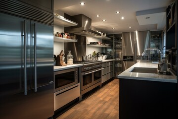 A modern kitchen with advanced appliances for cooking and storage. Generative AI