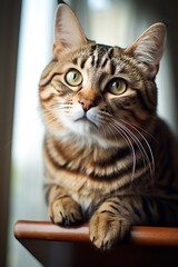 An adorable tabby cat sits on a wooden table, its head tilted to the side and its bright green eyes looking directly at the camera.