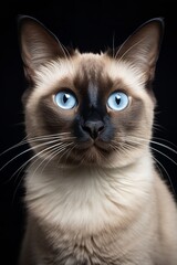 A close-up portrait of a Siamese cat with striking blue eyes. The cat's fur is a pale cream color, with darker markings on its face, ears, and paws. Its triangular ears and wedge-shaped head