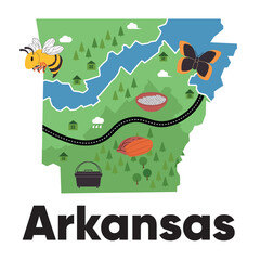 Arkansas states map shape with green forest natural animal and icon safari drawing illustration