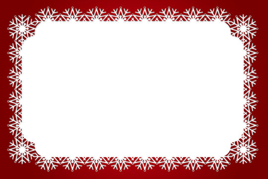Digital png illustration of red frame with white snowflakes on transparent background