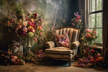 A room filled with beautiful flowers and a comfortable chair positioned in front of them. Generative AI - obrazy, fototapety, plakaty