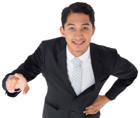 Digital png photo of happy biracial businessman pointing on transparent background
