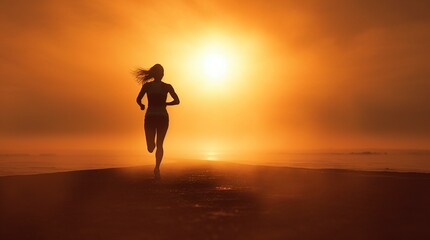 Mujer corriendo en la playa al amanecer