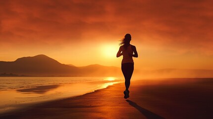Mujer corriendo en la playa al amanecer