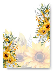 Wedding invitation template with beautiful yellow sunflower Set of floral wedding invitation card. Watercolor flower and leaves