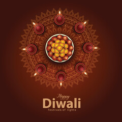 Indian festival Happy Diwali with Diwali props, holiday Background, Diwali celebration greeting card, vector illustration. © Arun