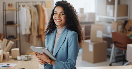 Happy woman, fashion designer and tablet in small business, supply chain or logistics at boutique....