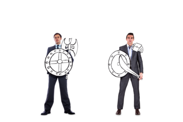 Digital png photo of two diverse businessmen with swords and shields on transparent background