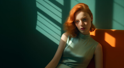 Portrait of a young red-haired lady in a light blue silk blouse, against the background of a blue wall with the play of light from a window on the wall