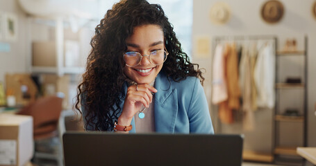 Smile, thinking and woman with a laptop, ecommerce and connection with startup, email notification...