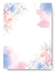 Beautiful hand drawn pink roses and blue dahlia's wedding invitation card set.
