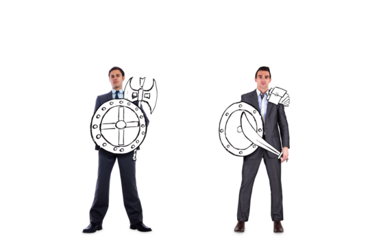 Digital png photo of two diverse businessmen with swords and shields on transparent background