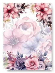 Corner of pink peony pink anemone flower arrangement on wedding invitation background. Beautiful wedding card invitation.