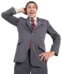 Digital png photo of surprised caucasian businessman scratching head on transparent background